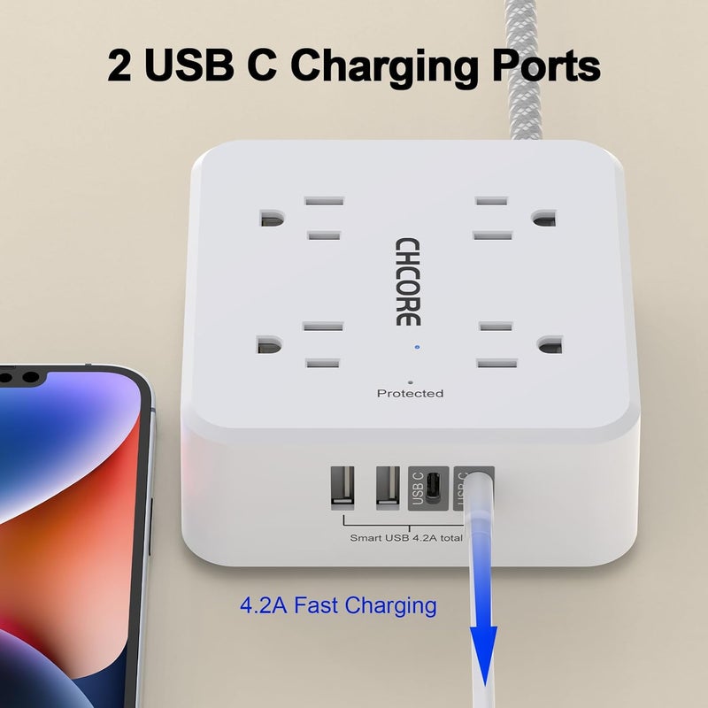 Core Surge Protector Power Strip - 20Ft Braided Extension Cord with 8 Outlets with 4 USB (2 USB C) Charging Ports, Flat Plug Multi Plug Outlet Extender Charging Station for Home Office, ETL, White - Image 3
